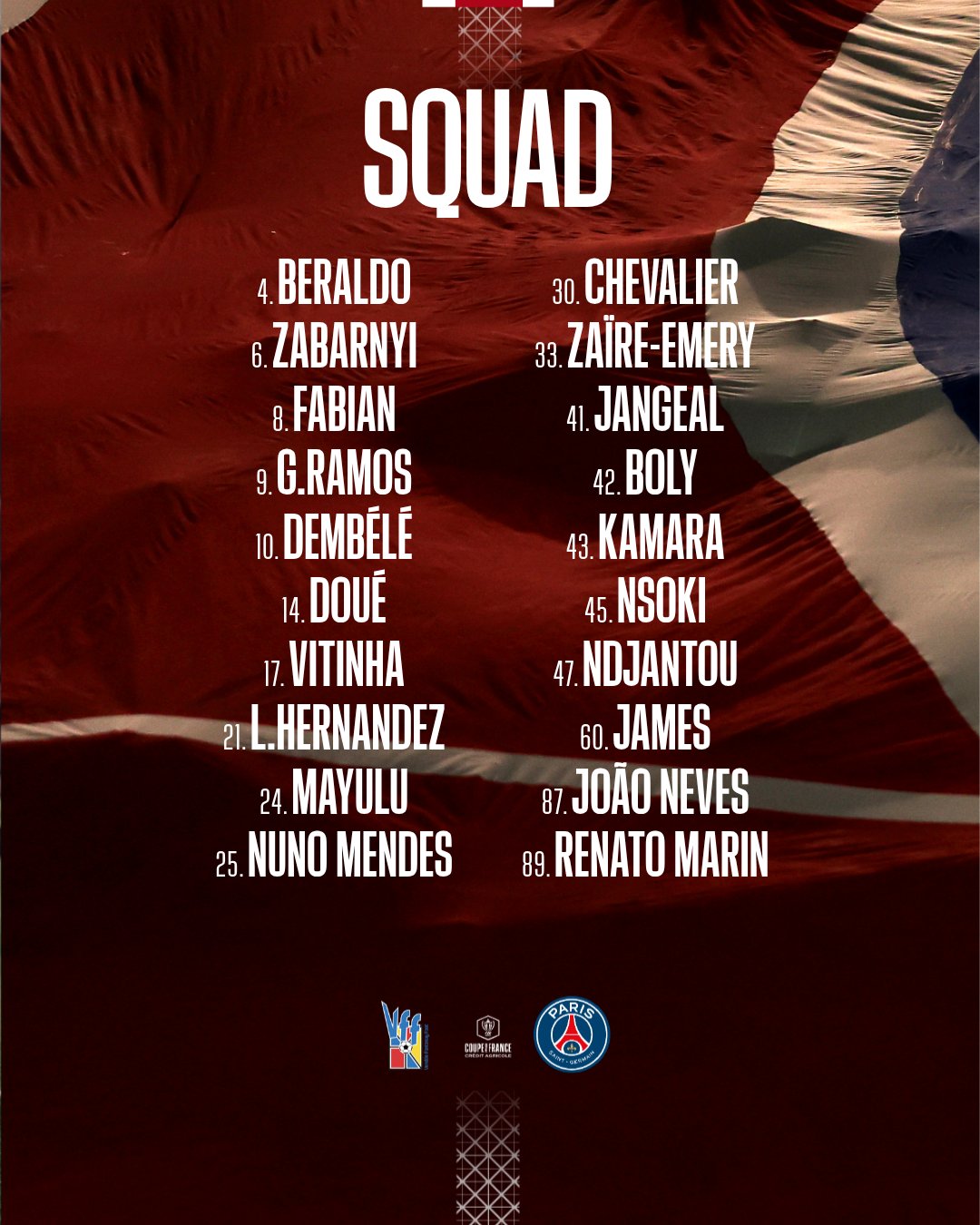 قائمة باريس سان جيرمان لمواجهة فونتاناي لي كومتي في كأس فرنسا