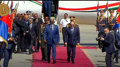 صور توثق لحظة استقبال الرئيس السيسي لرئيس مجلس السيادة السوداني لدى وصوله القاهرة