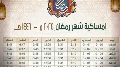 جدول إمساكية شهر رمضان 2025