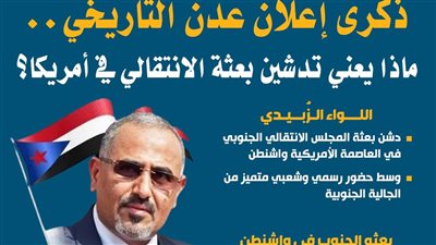ذكرى إعلان عدن التاريخي.. ماذا يعني تدشين بعثة الانتقالي في أمريكا؟ (انفوجراف)