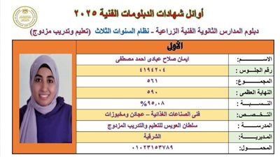 نسب النجاح حسب النظام ونوع الدراسة.. اوائل الدبلومات الفنية 2025